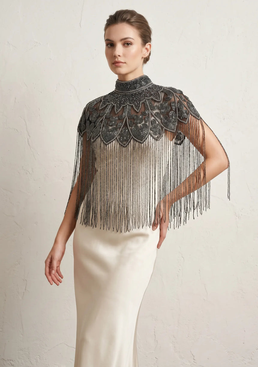 ibBan Black Hand Beaded Party Cape | Luxury Embroidered Evening Cape - Mazi