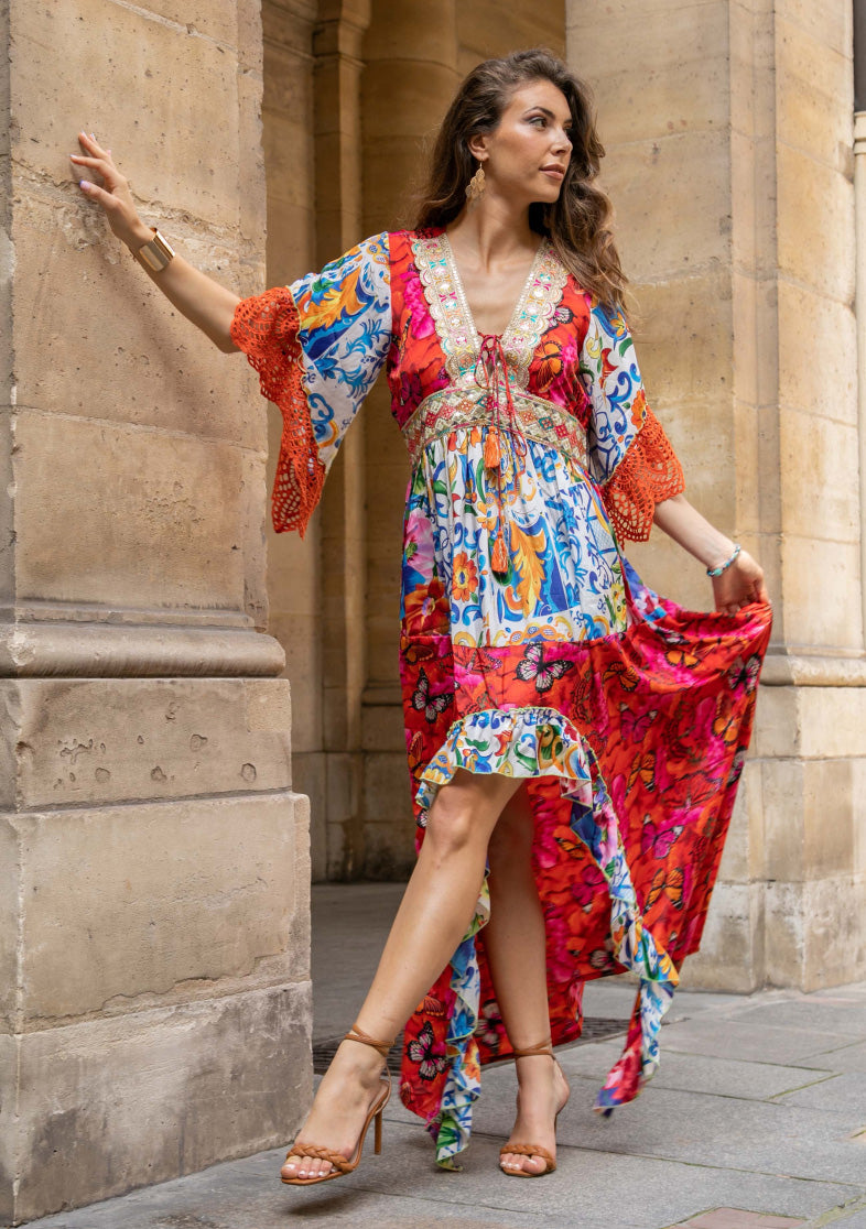 Women's Printed Silk Long Tunic V-Neck - Mary