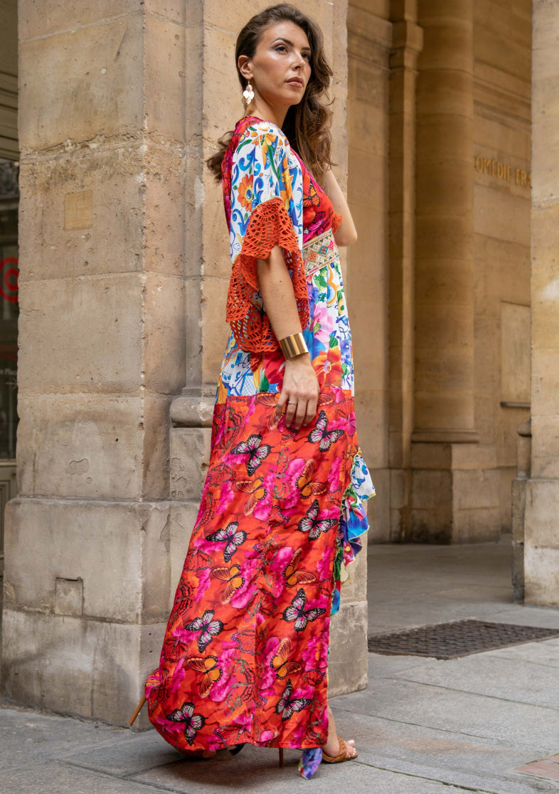 Women's Printed Silk Long Tunic V-Neck - Mary