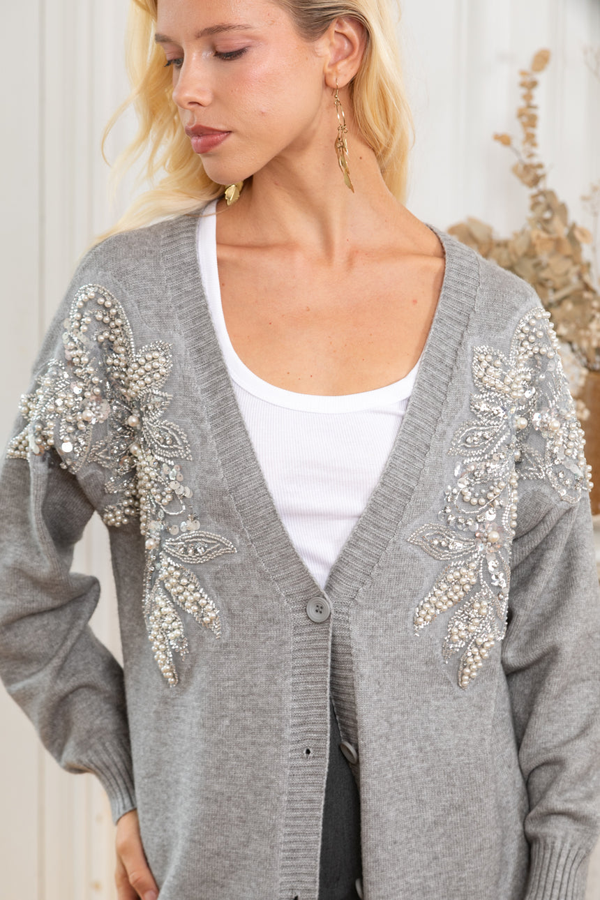 ibBan Women's Luxury Hand Embroidered Long Knit Cardigan-Perla