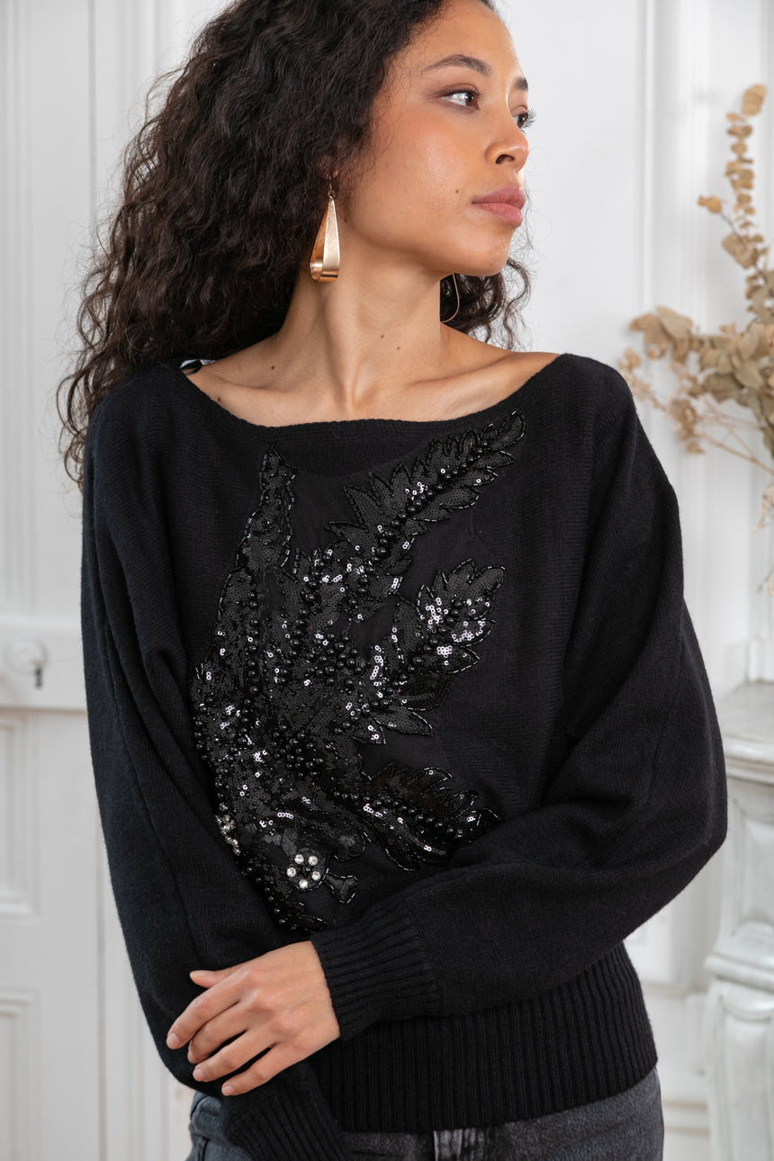 ibBan Women's Hand Embroidered Winter Knit Sweater | Luxury Black Designer - Stelia