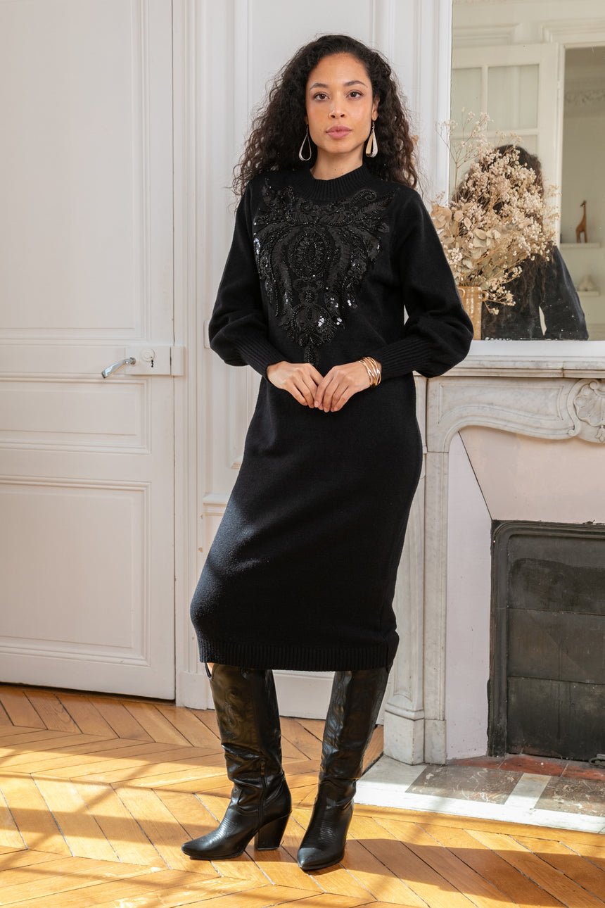 ibBan Women's Beige Hand Embroidered Winter Knit Dress - Martina