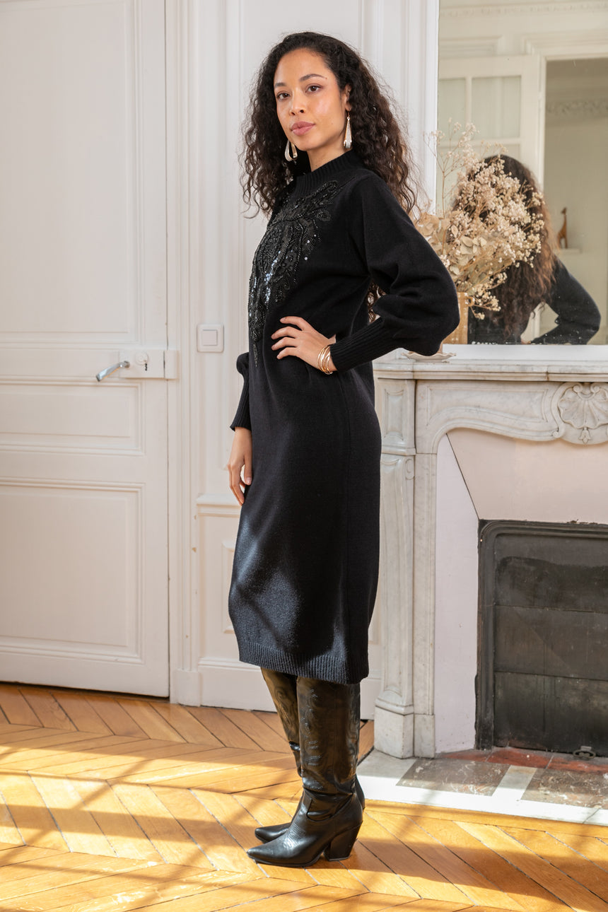 ibBan Women's Beige Hand Embroidered Winter Knit Dress - Martina