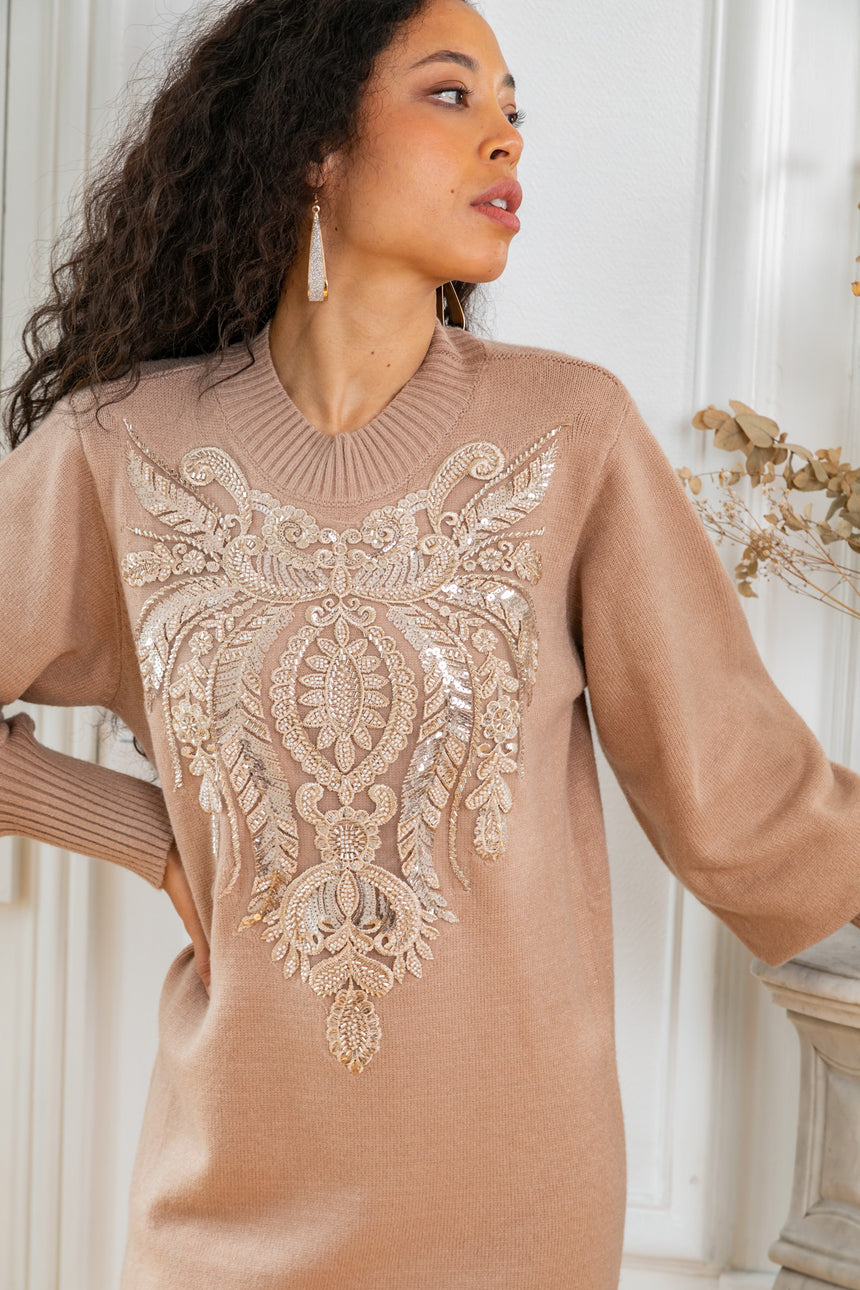 ibBan Women's Beige Hand Embroidered Winter Knit Dress - Martina