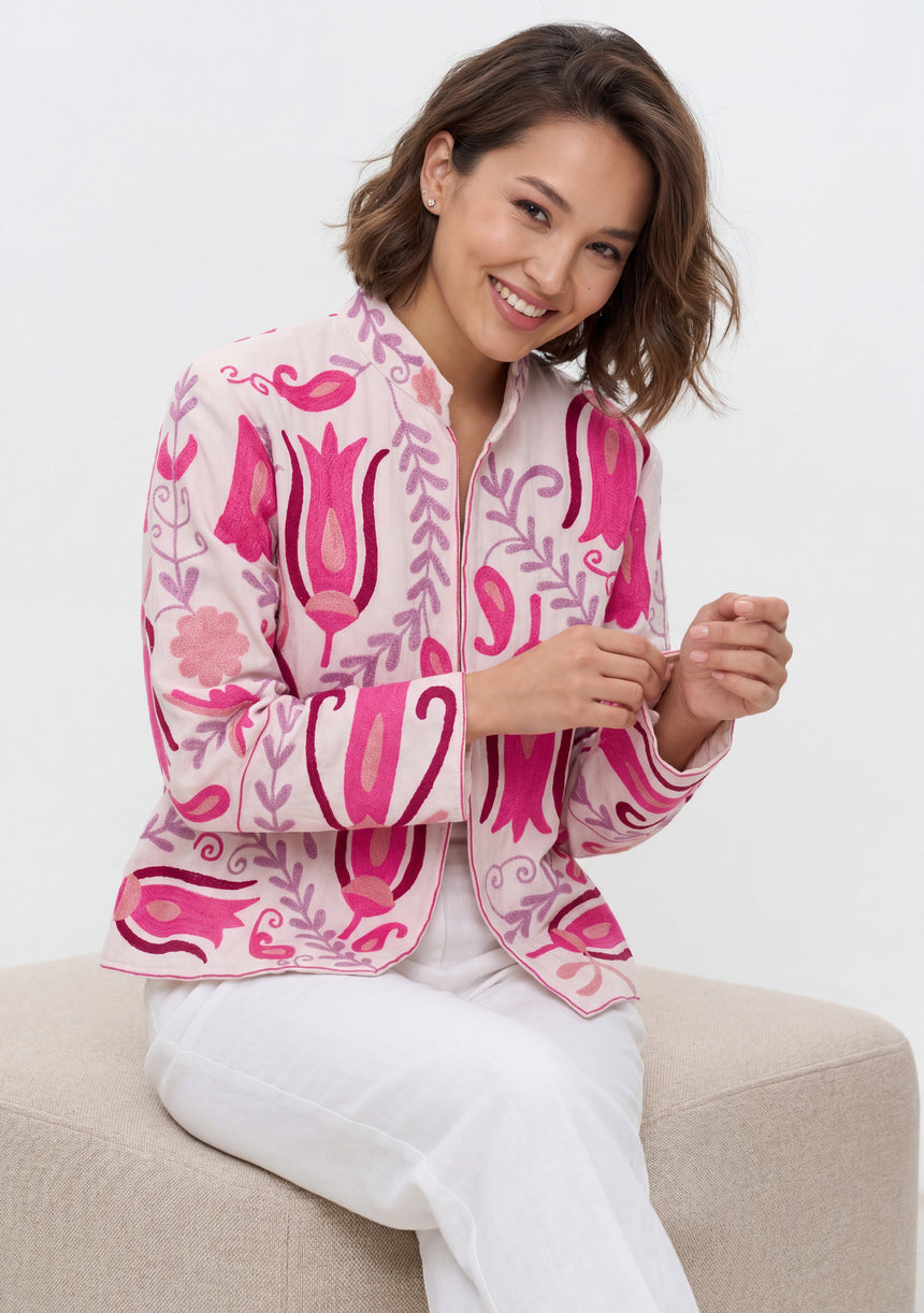 ibBan Women's Hand Embroidered Cotton Canvas Jacket - Vesana | Artisan Boho