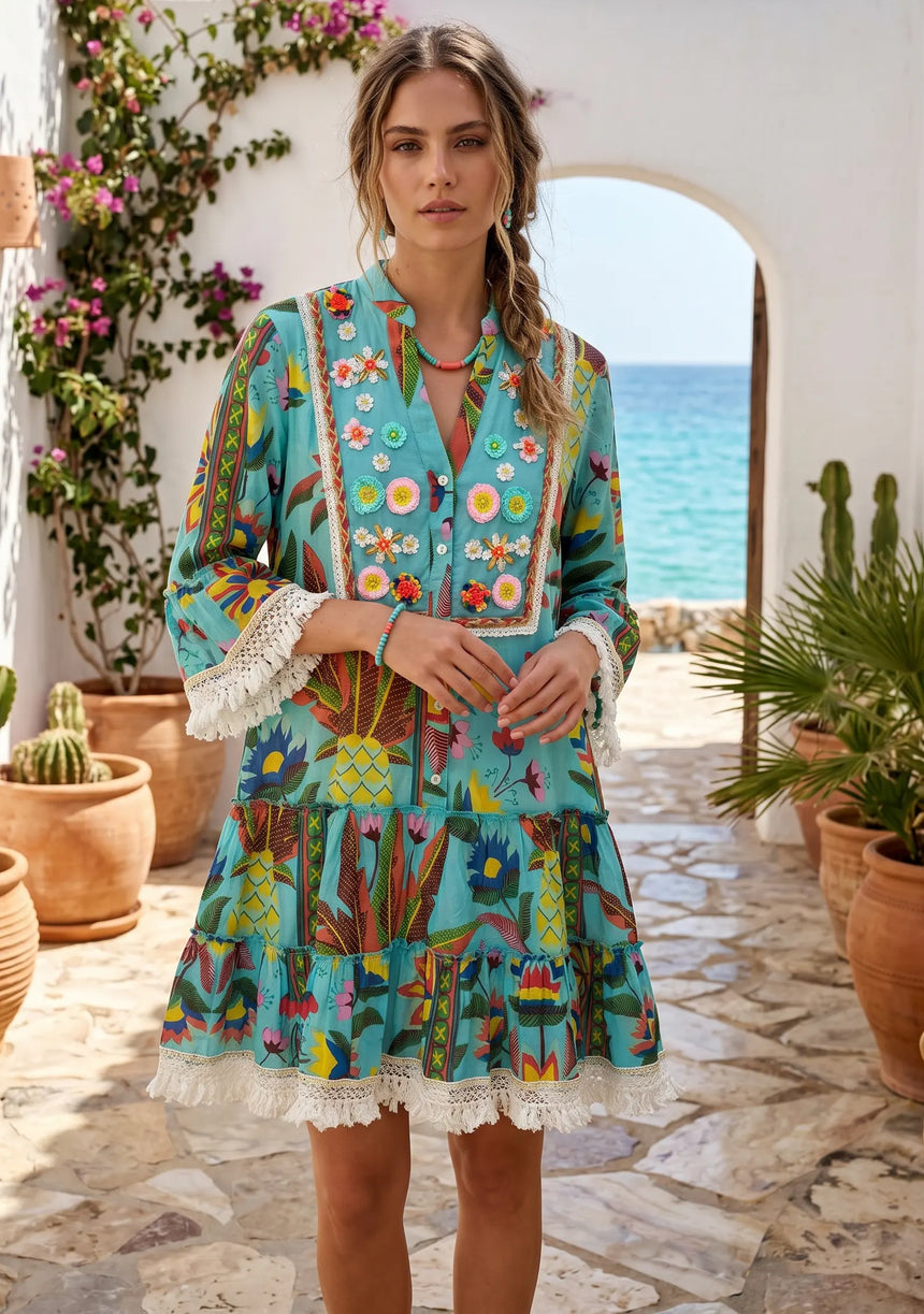 ibBan Printed Cotton Hand Embroidered Short Tunic Dress -Romy