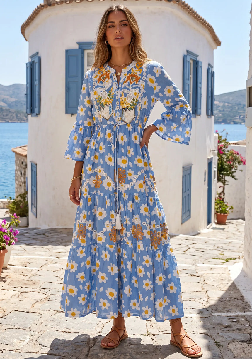 ibBan Denim Blue Floral Printed Cotton Long Tunic - Flobis