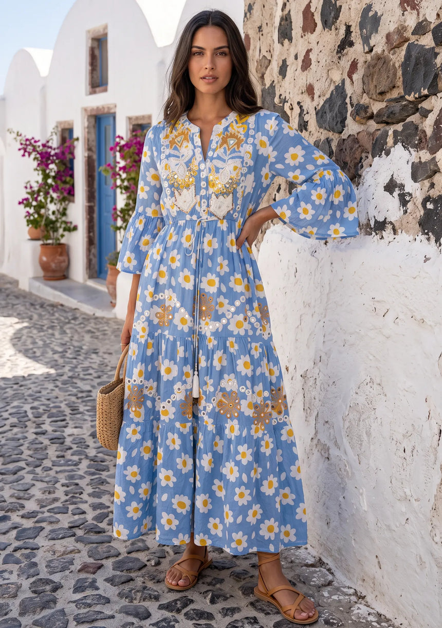 ibBan Denim Blue Floral Printed Cotton Long Tunic - Flobis