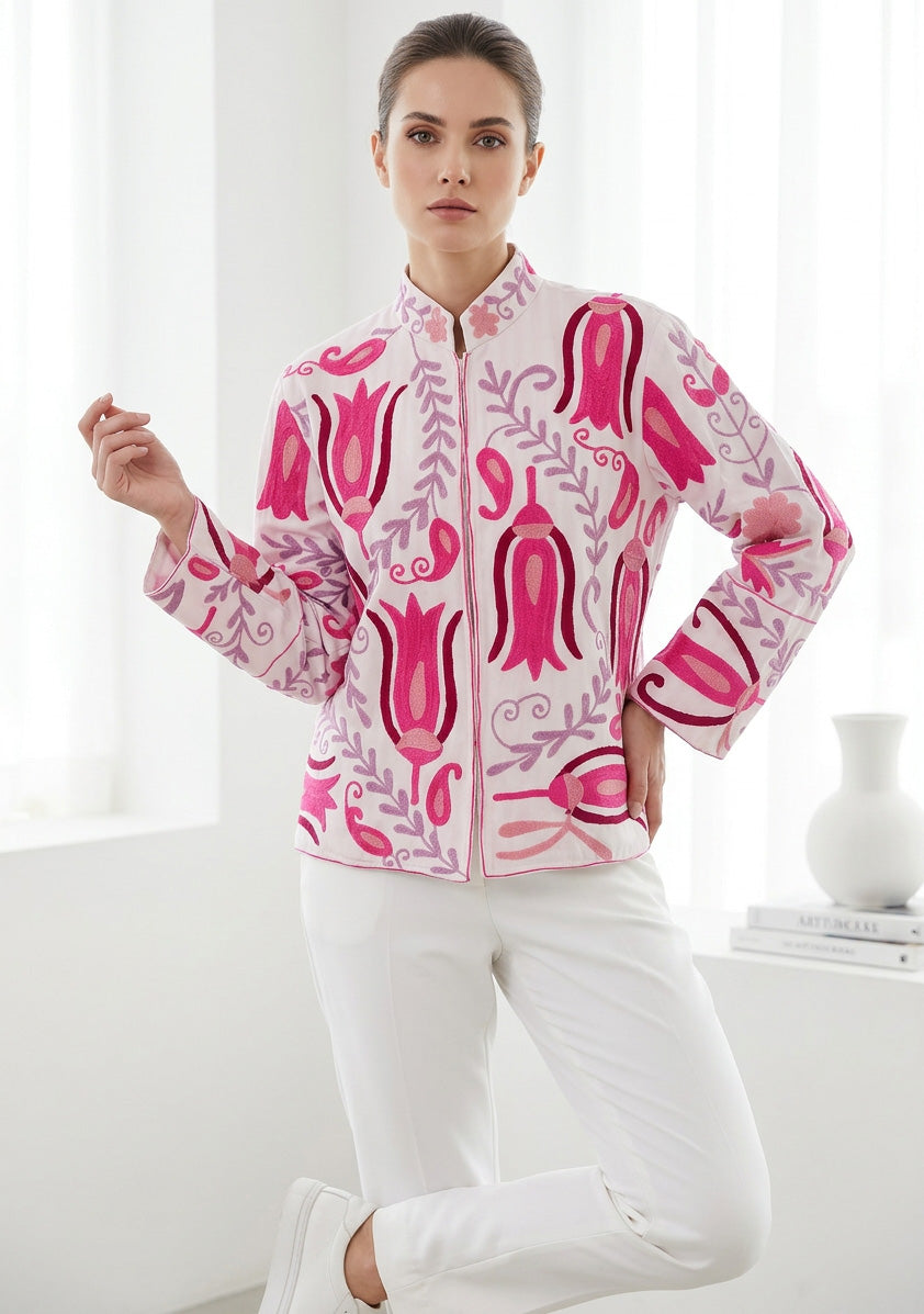 ibBan Women's Hand Embroidered Cotton Canvas Jacket - Vesana | Artisan Boho