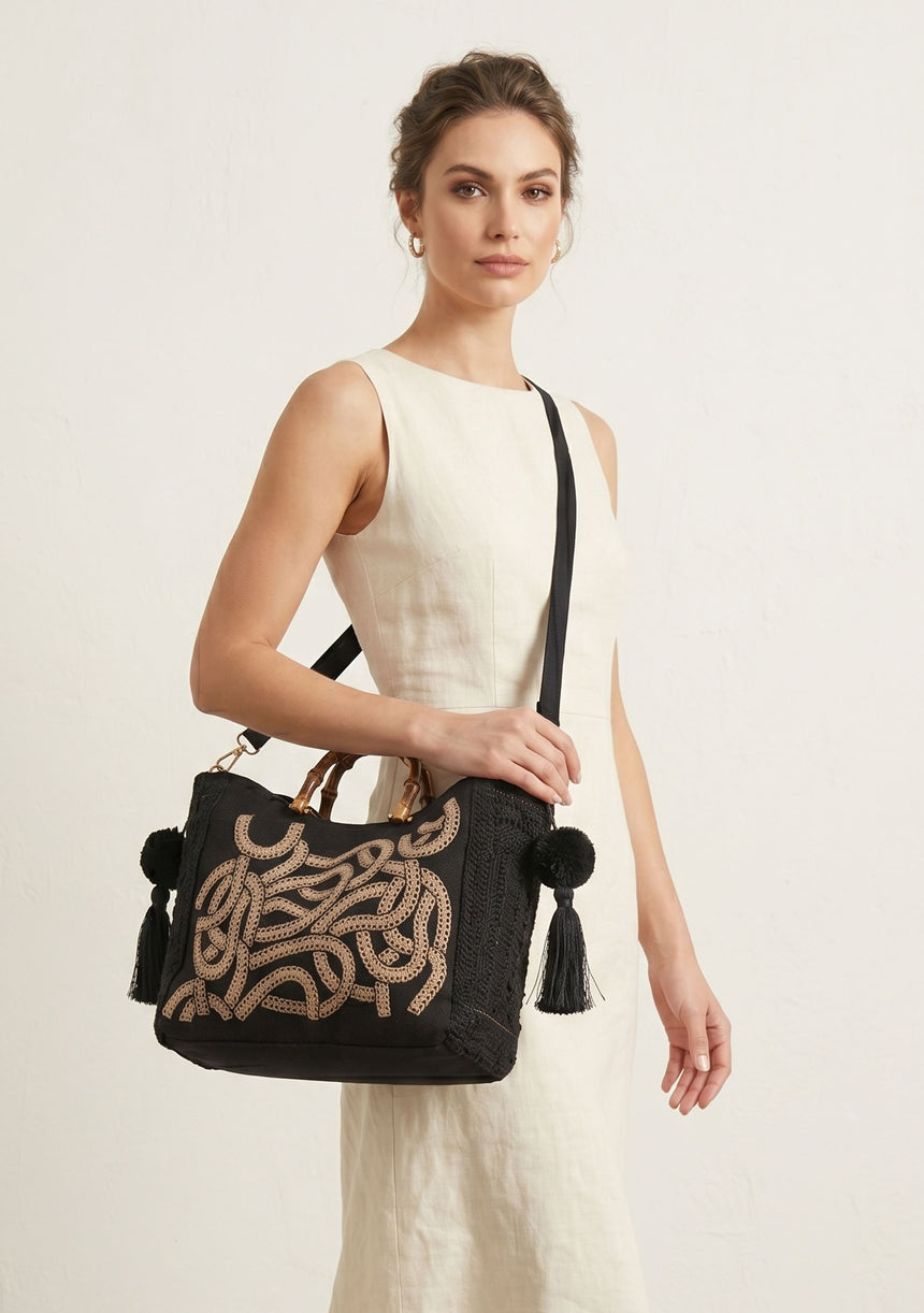 Bolso de mano de lona bordado para mujer - Avellana