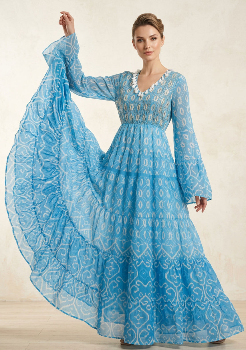 Vestido largo de lino con cuello en V para mujer - Jumbiya