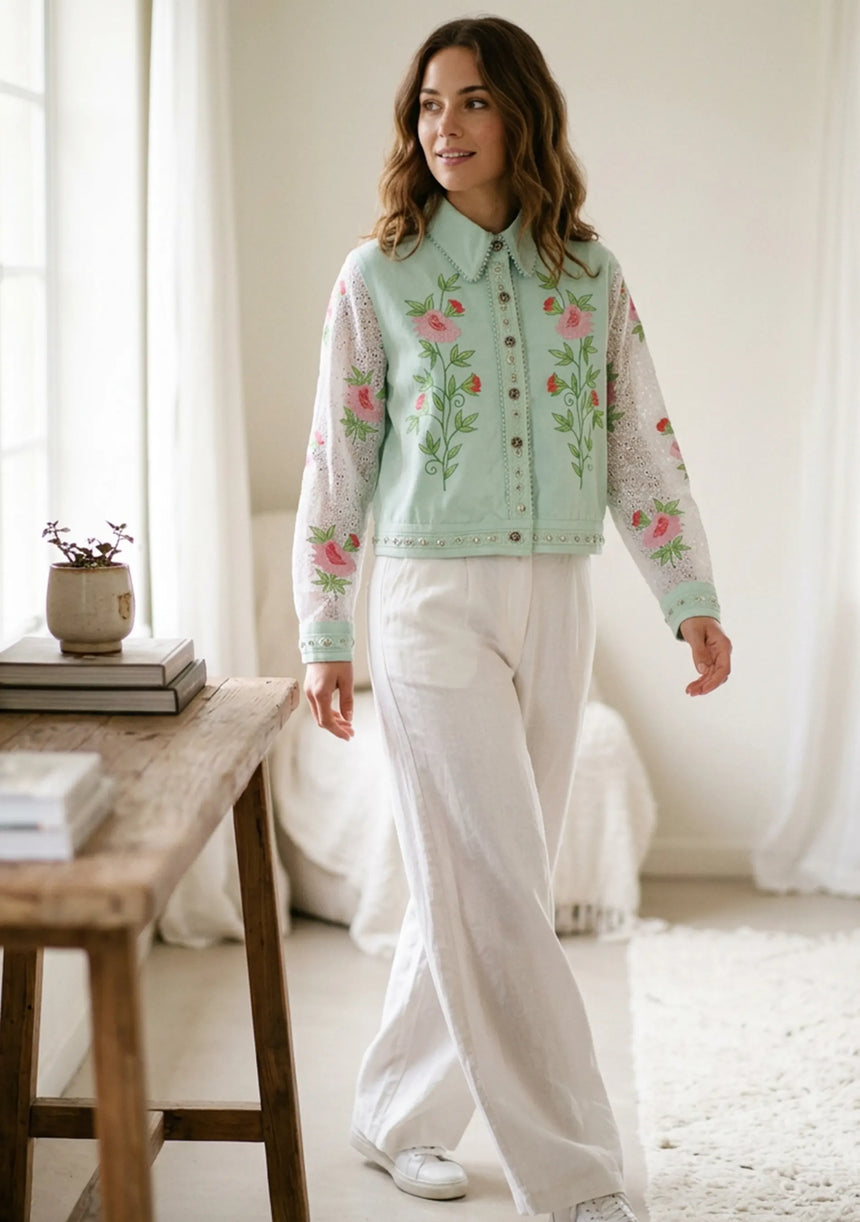 Women's Artisan Hand Embroidery Canvas Jacket - Farida