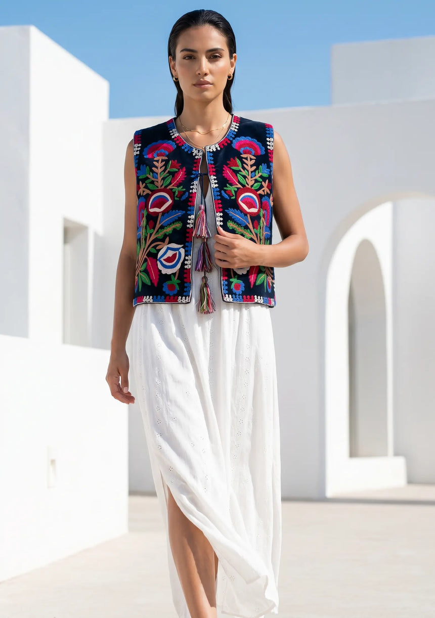 ibBan Hand Embroidered Winter Vest for Women | Designer Boho Layering Vest - Riza