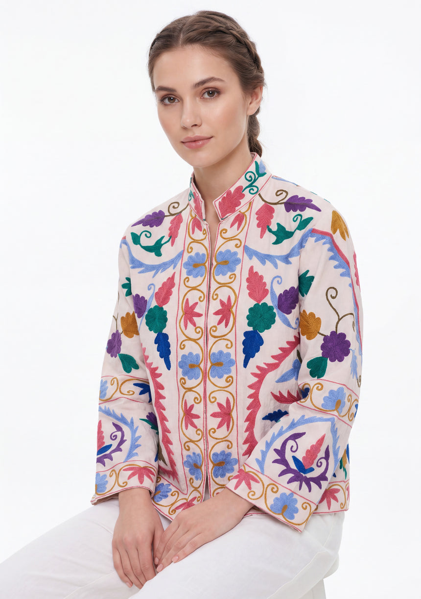 ibBan Women's Hand Embroidered Cotton Canvas Jacket - Ziva | Artisan Boho