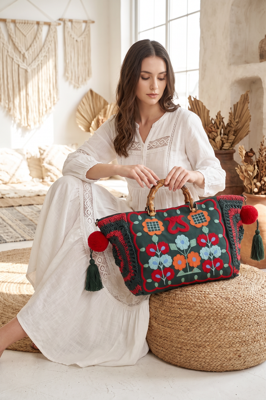 Ibban Green Hand Embroidered Canvas Cabas Bag - Zara