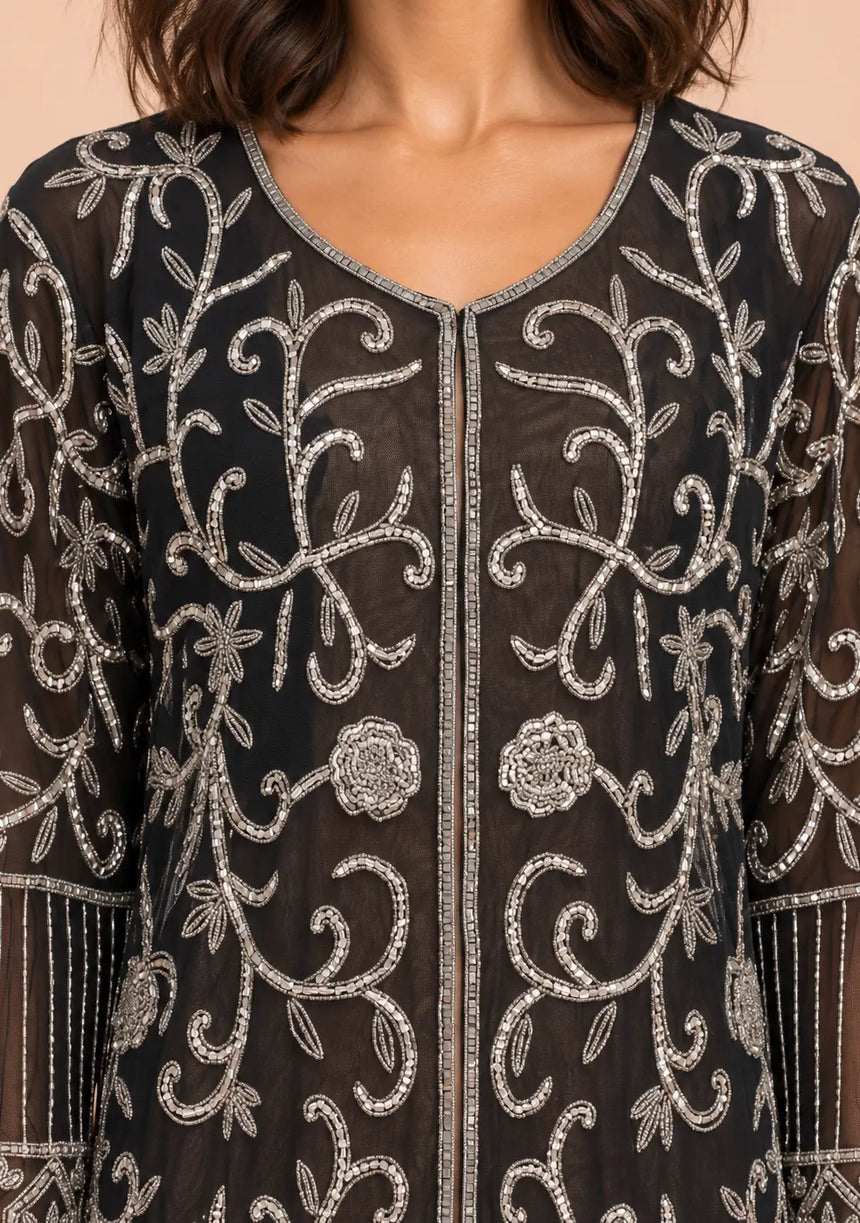 ibBan Black Kaftan Dress with Silver Hand Embroidery -