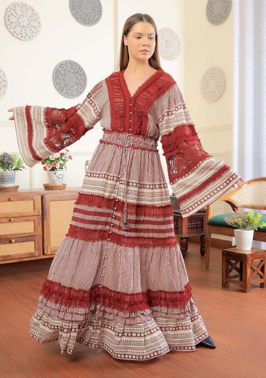ibBan Women's Long Dress | Hand Embroidery | Lace | Free Size - Jade