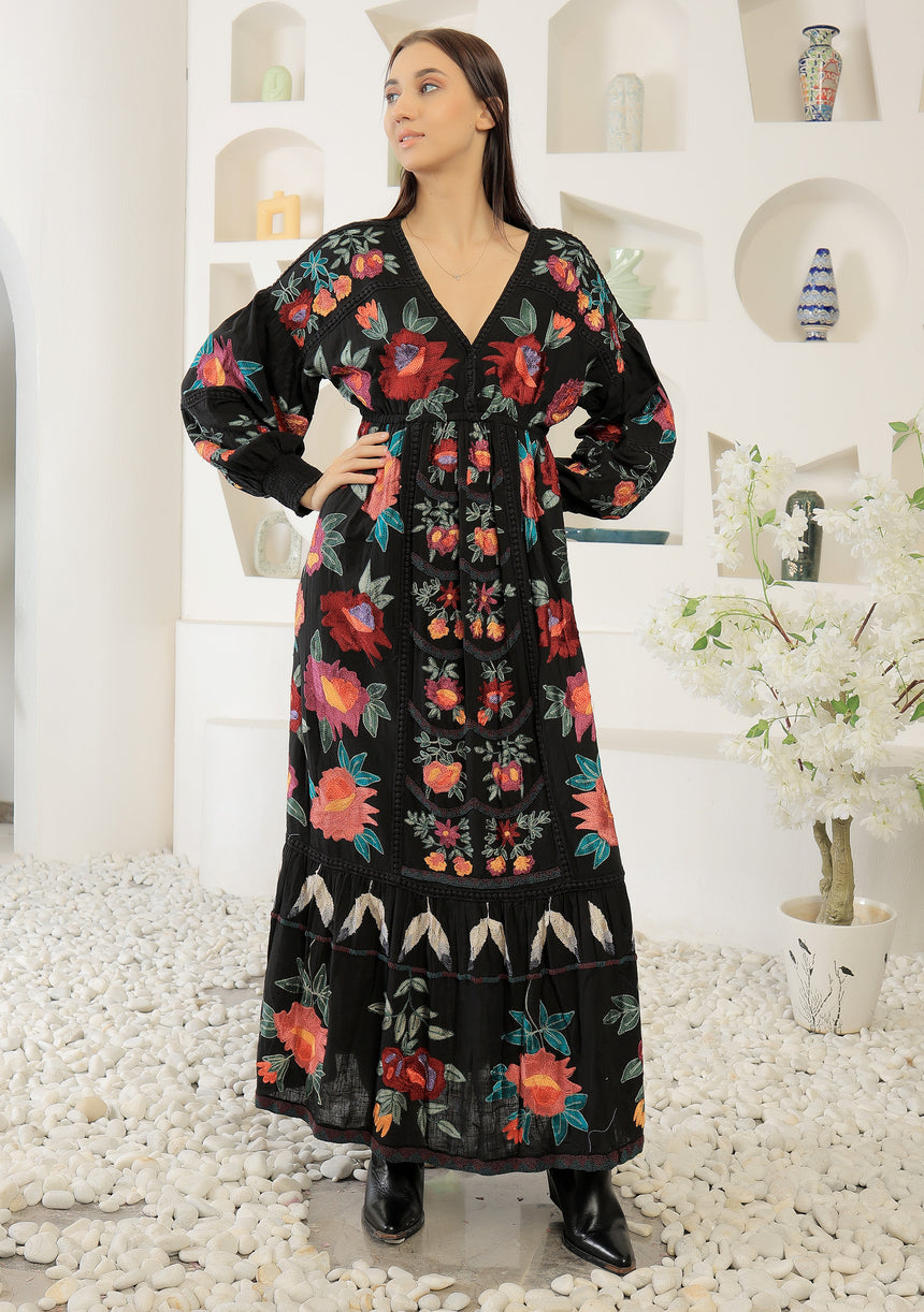 ibBan Winter Hand Embroidered Long Dress | Luxury Floral Boho - Gypsy Dress