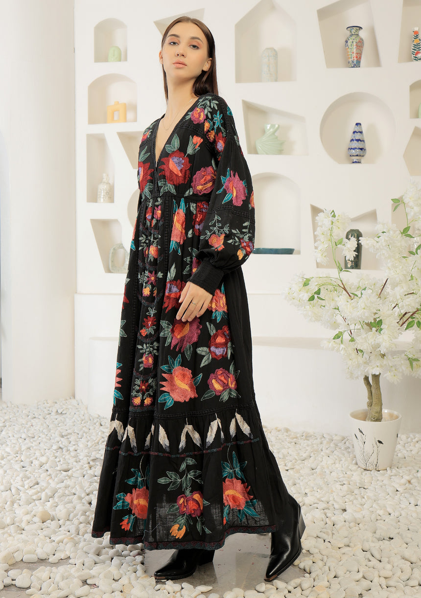 ibBan Winter Hand Embroidered Long Dress | Luxury Floral Boho - Gypsy Dress