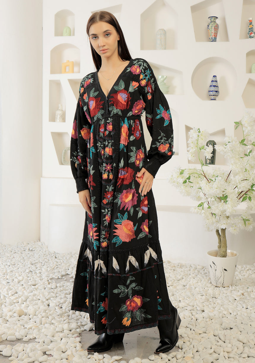 ibBan Winter Hand Embroidered Long Dress | Luxury Floral Boho - Gypsy Dress