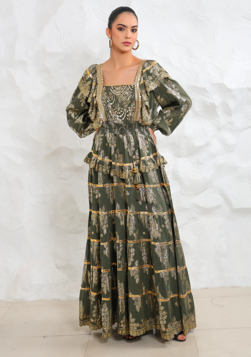 ibBan Hand Embroidered Cotton Lurex Winter Long Dress | Luxury Occasion Wear - Sofia