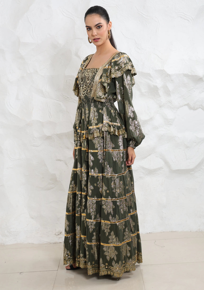 ibBan Hand Embroidered Cotton Lurex Winter Long Dress | Luxury Occasion Wear - Sofia