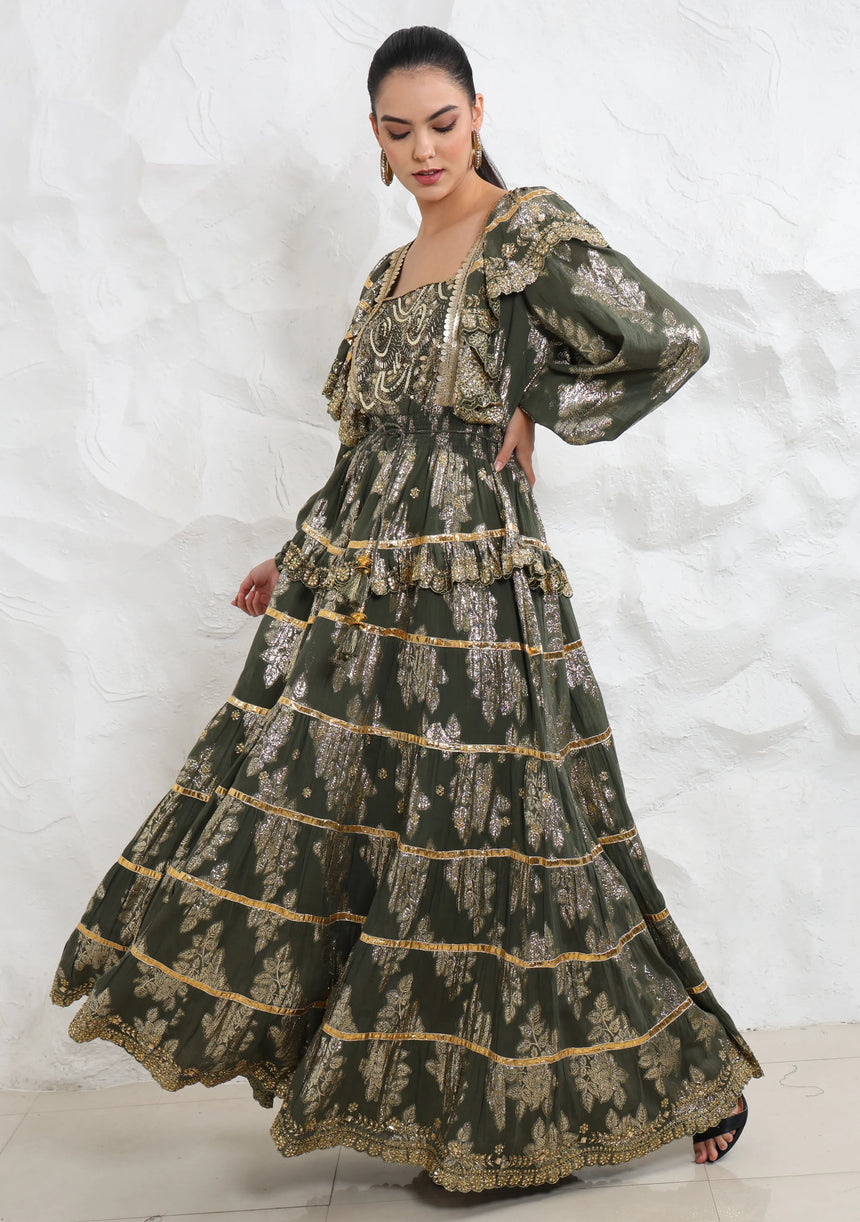 ibBan Hand Embroidered Cotton Lurex Winter Long Dress | Luxury Occasion Wear - Sofia