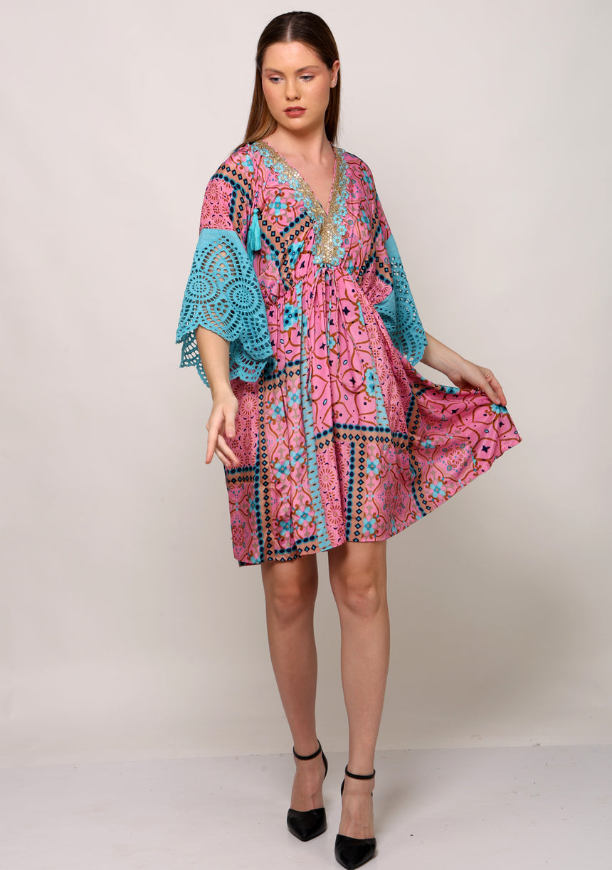 Women's Printed Silk Short Dress V-Neck - Ruby