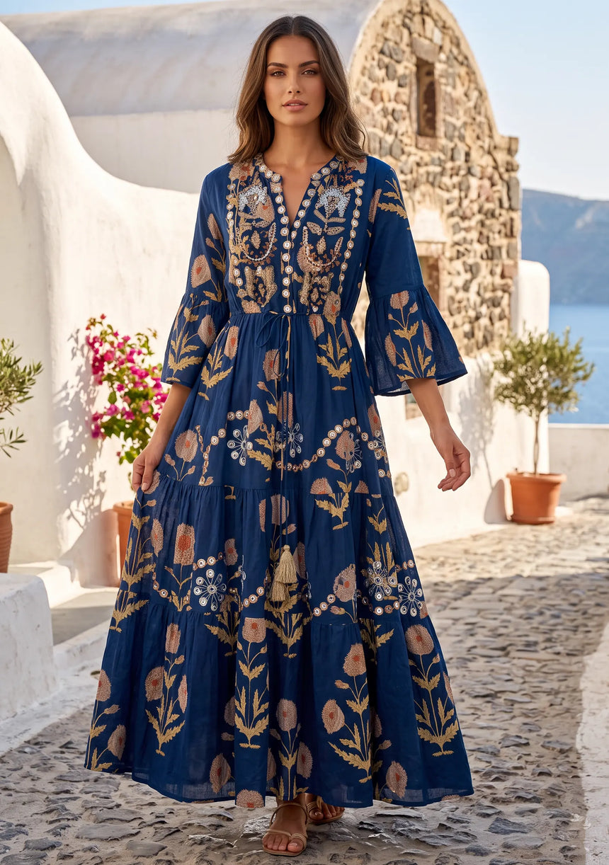ibBan Printed Cotton Long Tunic with Hand Embroidery - Nisma