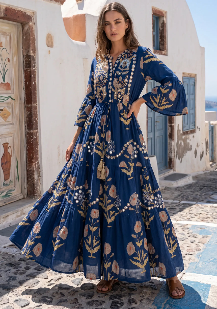 ibBan Printed Cotton Long Tunic with Hand Embroidery - Nisma
