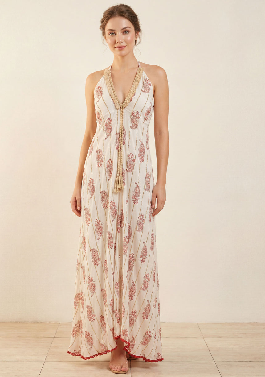 Vestido largo de algodón con cuello halter para mujer - Rooh
