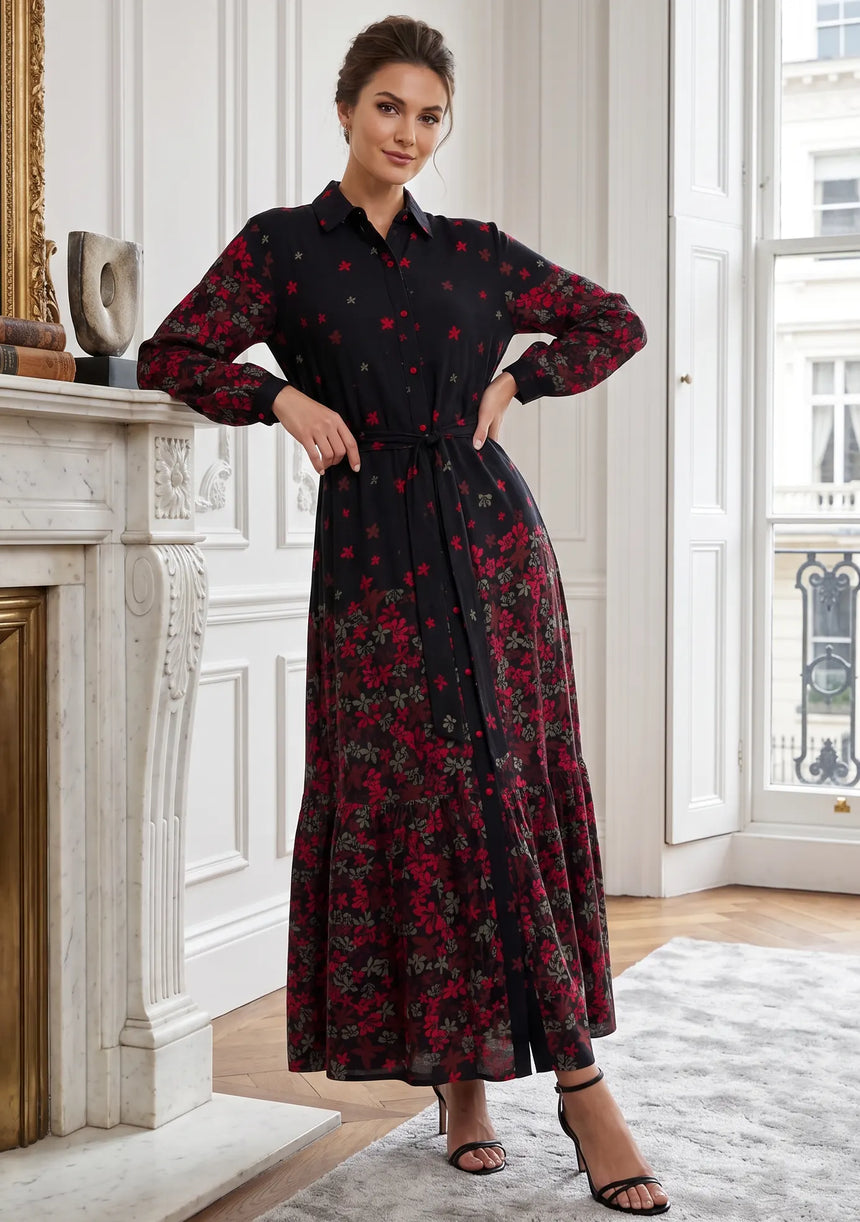 ibBan Black Printed Cotton Long Dress for Women - Asrar