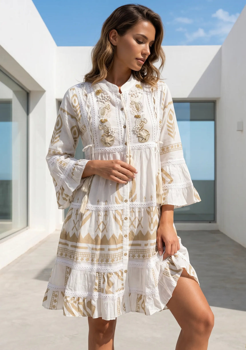Boho Cotton Tunic Dress with Embroidery for Women | ibBan - Aura