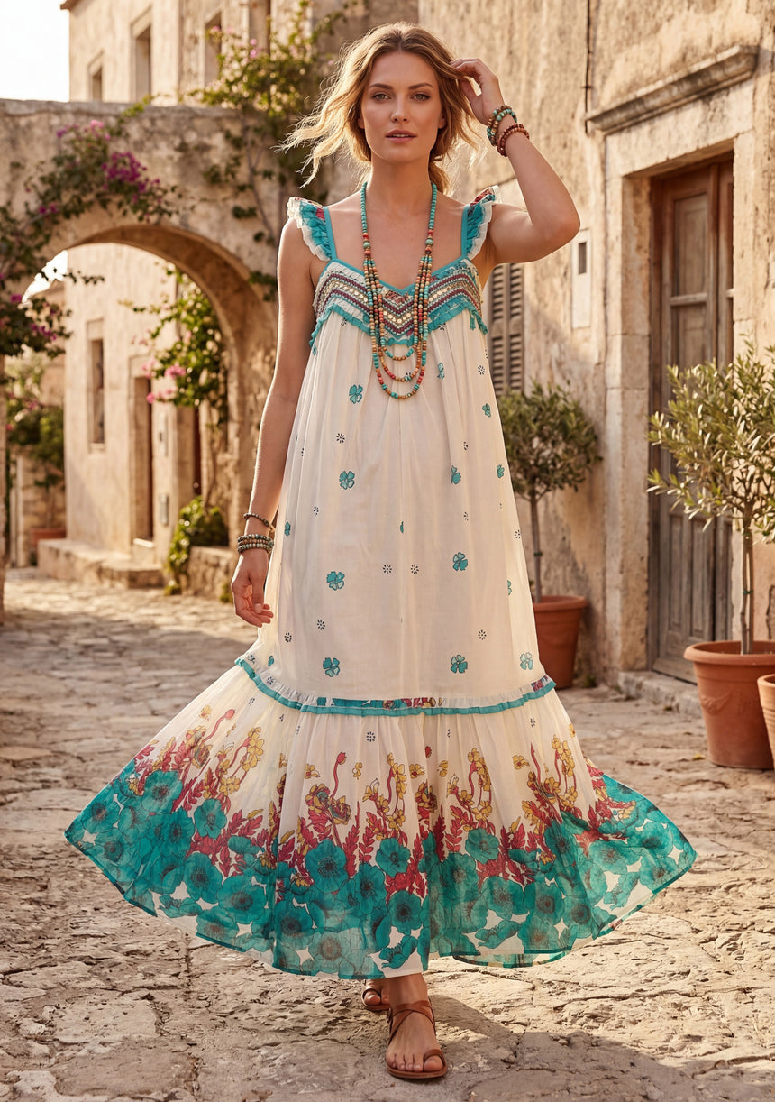 Maxivestido de algodón con cuello redondo para mujer - Sola