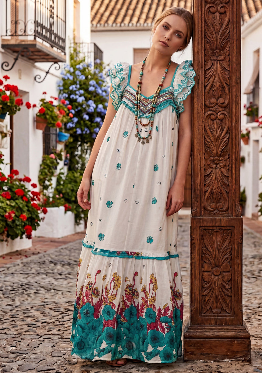 Maxivestido de algodón con cuello redondo para mujer - Sola