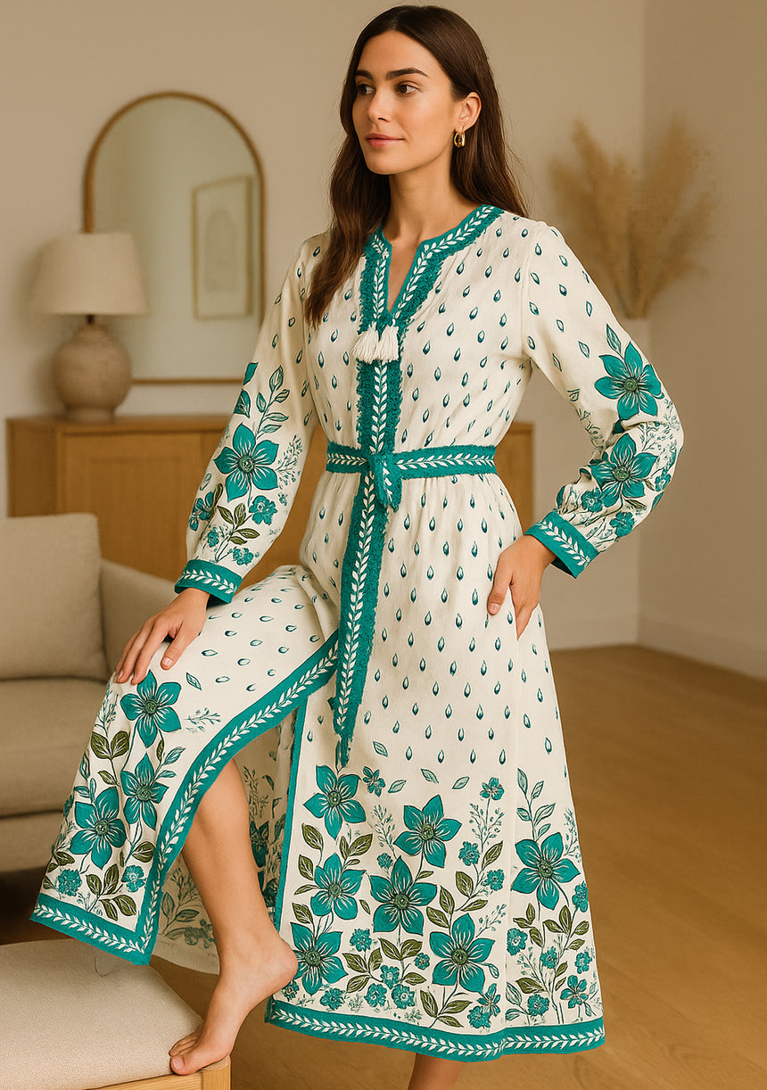 ibBan Premium Printed Cotton Long Dress with Hand Embroidery -Farhat Long Dress
