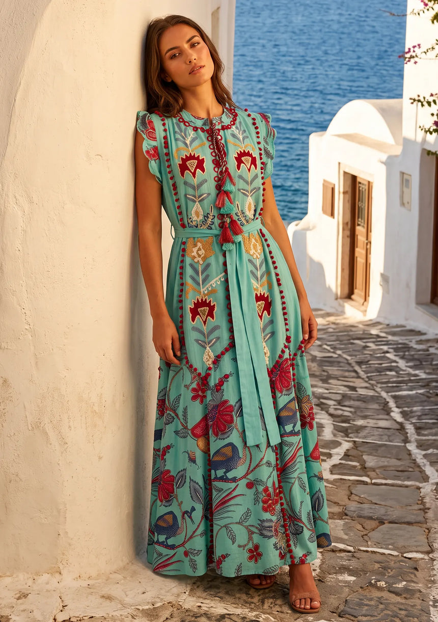 ibBan Hand-Embroidered Cotton Long Dress with Floral Print - Rasha