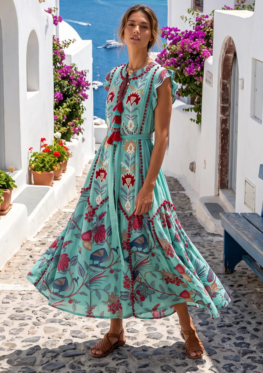 ibBan Hand-Embroidered Cotton Long Dress with Floral Print - Rasha