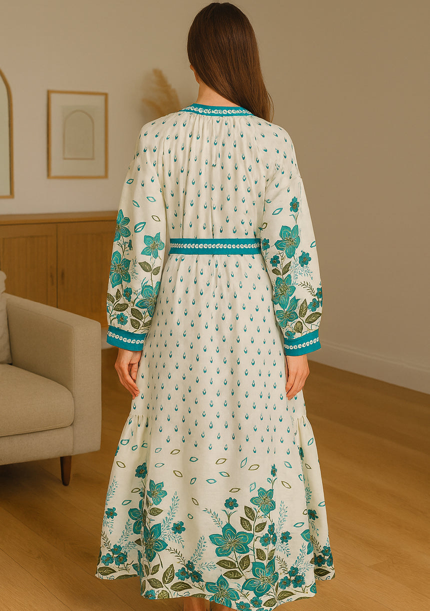 ibBan Premium Printed Cotton Long Dress with Hand Embroidery -Farhat Long Dress