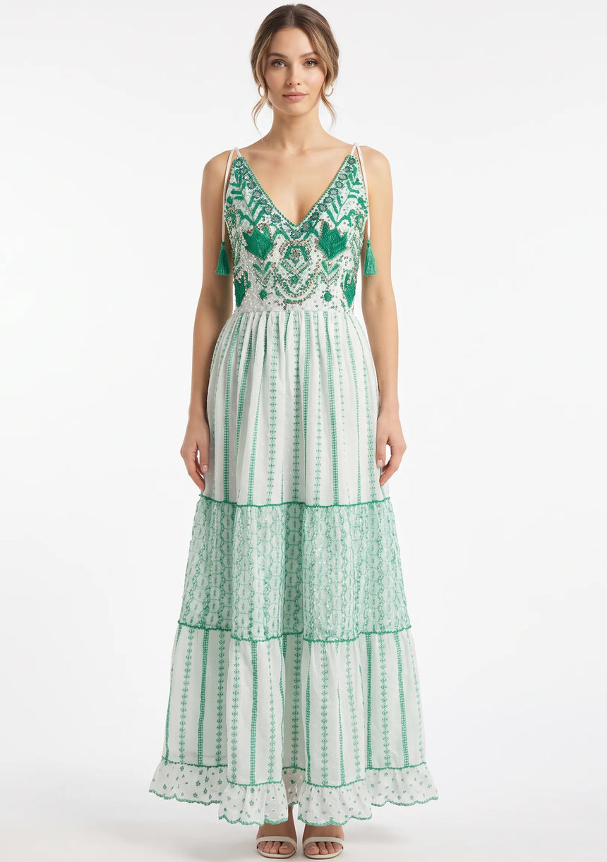 Robe longue à bretelles ibBan pour femme Basima | Broderie main | Paillettes | Taille unique