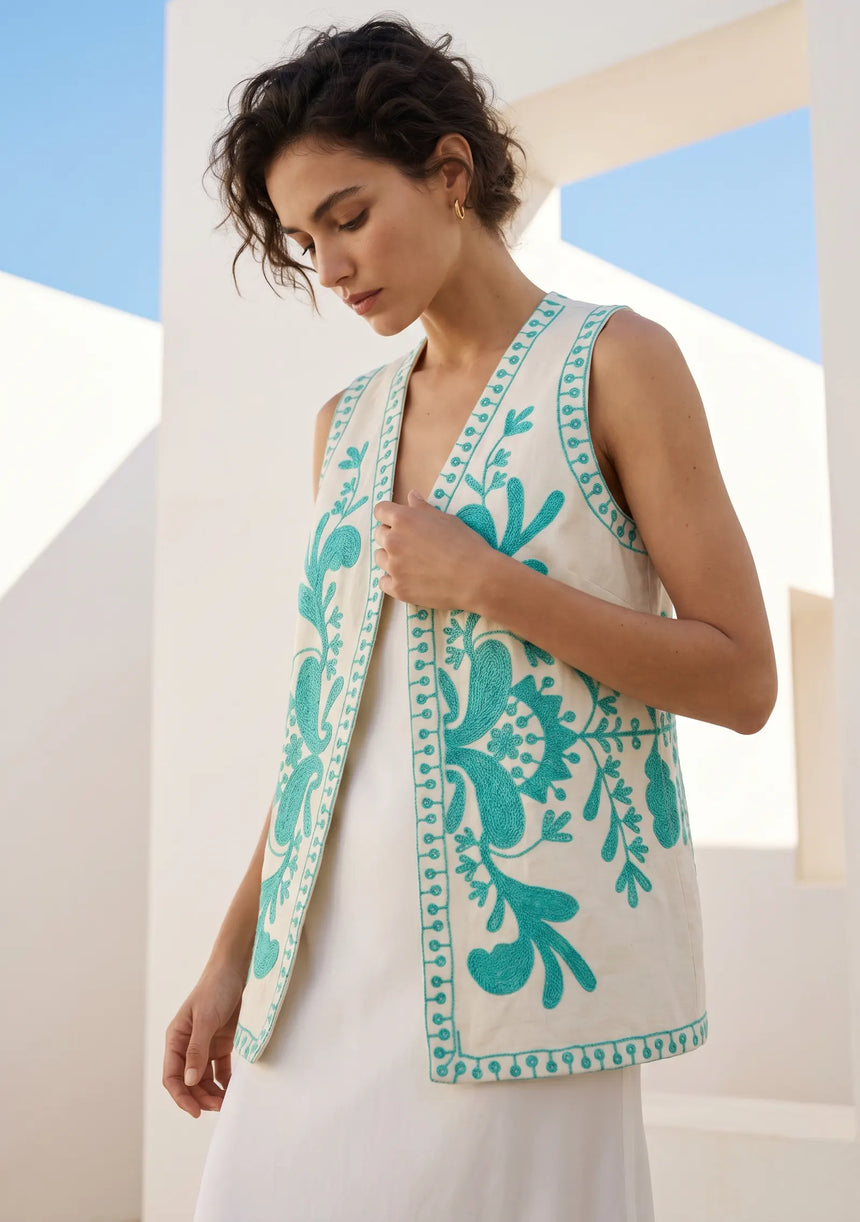 ibBan Hand Embroidered Summer Vest | Women's Cotton Canvas Designer Vest - Perla