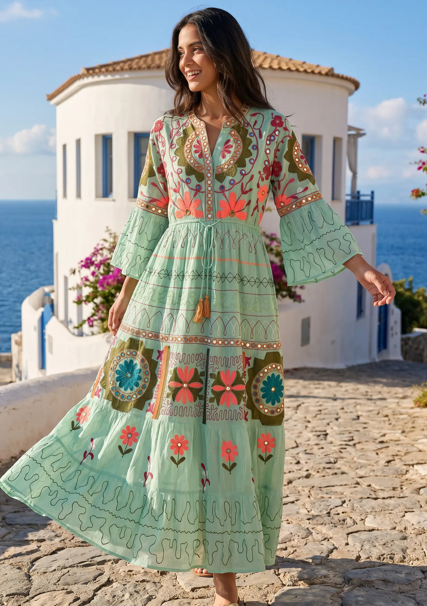 Women's Hand Embroidery Cotton Long Tunic Dress with Embroidery | ibBan - Orla