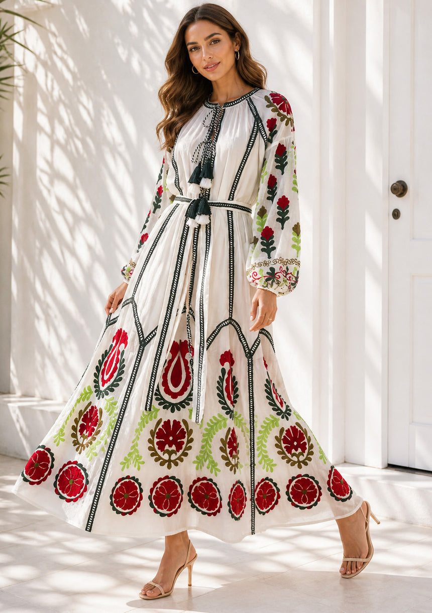 Vestido largo de algodón con cuello redondo para mujer - Raso