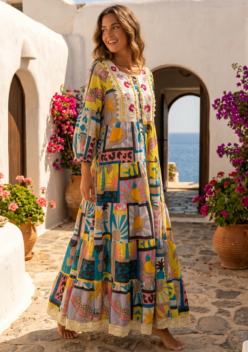 ibBan Printed Cotton Long Tunic Dress | Boho Maxi Dress for Women - Arzu