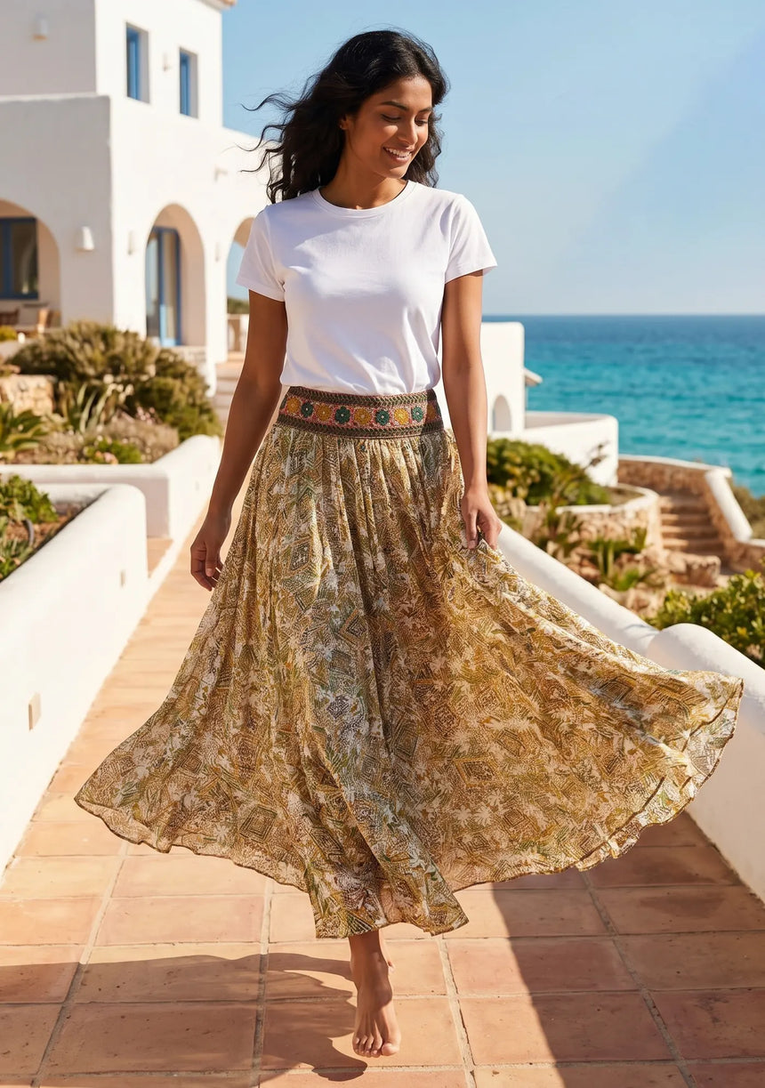 ibBan Printed Silk Beige Skirt | Luxury Women's Boho Resort Skirt - Emme
