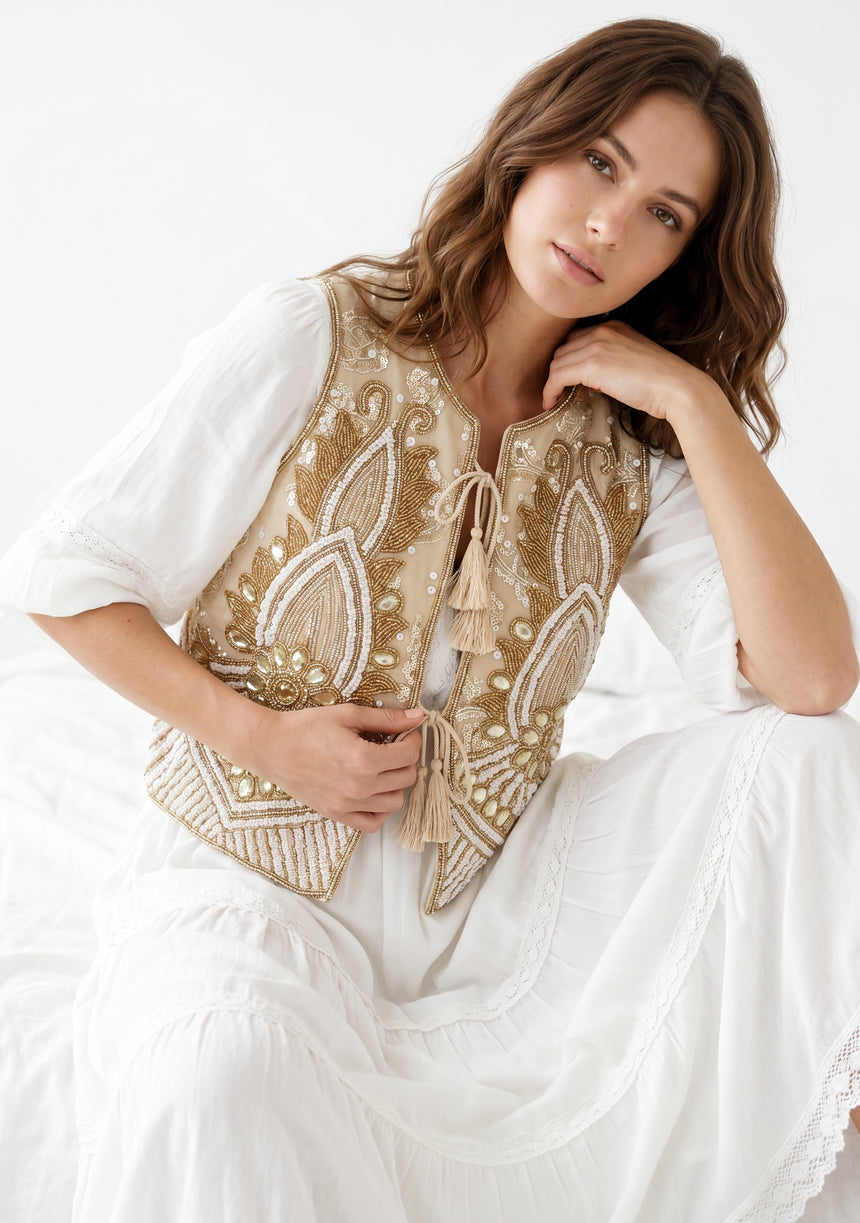 ibBan Hand Embroidered Vest | Luxury Beaded Sleeveless Vest - Vidha