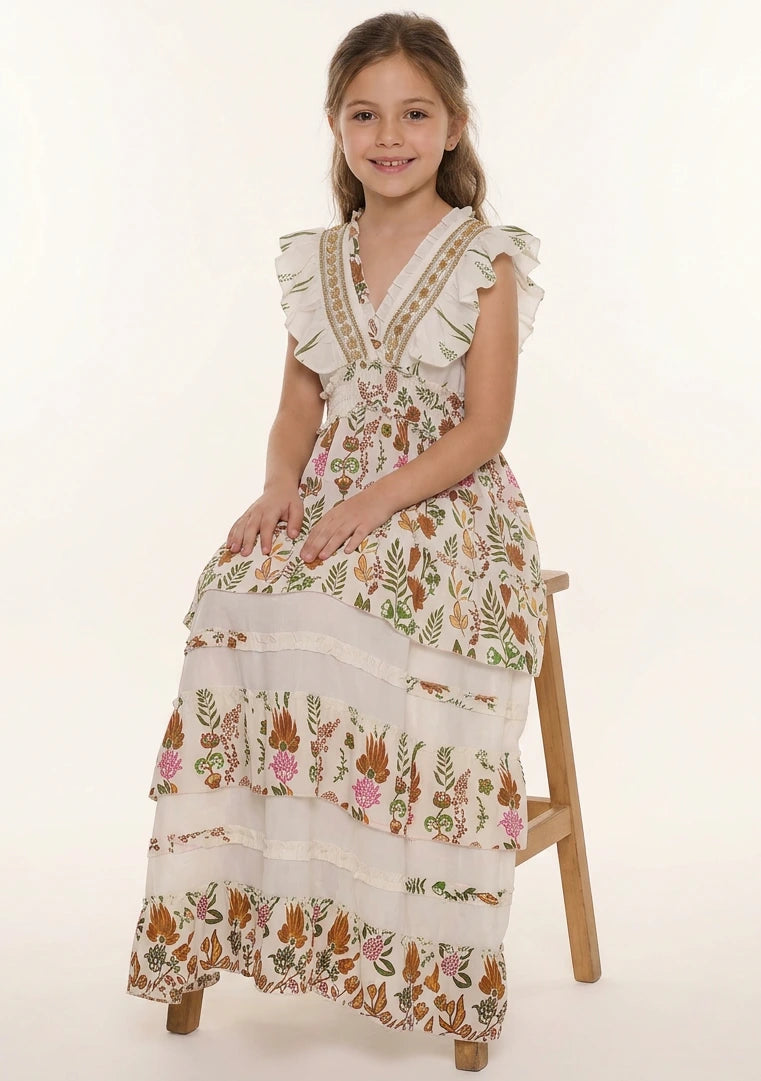 Vestido largo de algodón con cuello en V para niña - Aina
