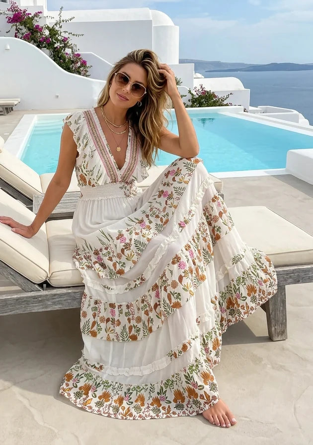 Vestido Largo de Algodón Bordado a Mano para Mujer con Cuello en V - Aina