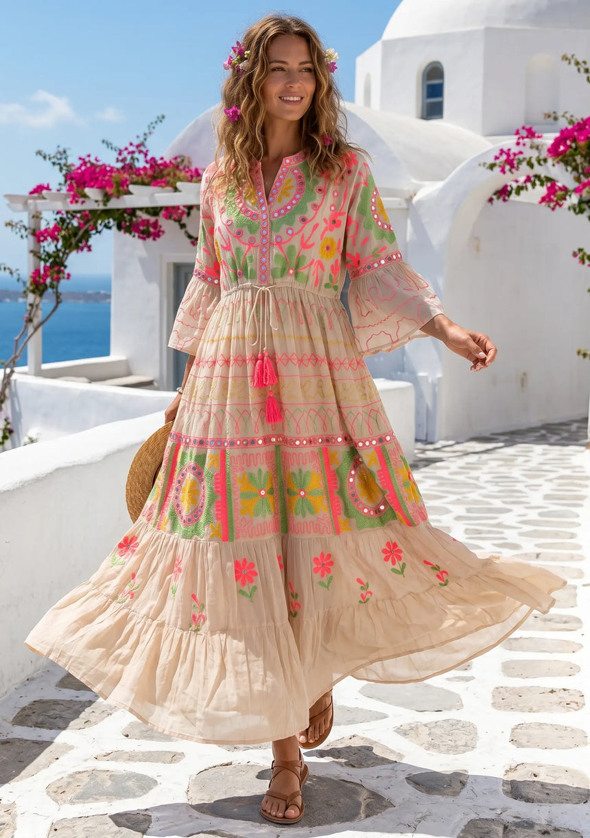 Women's Hand Embroidery Cotton Long Tunic Dress with Embroidery | ibBan - Orla