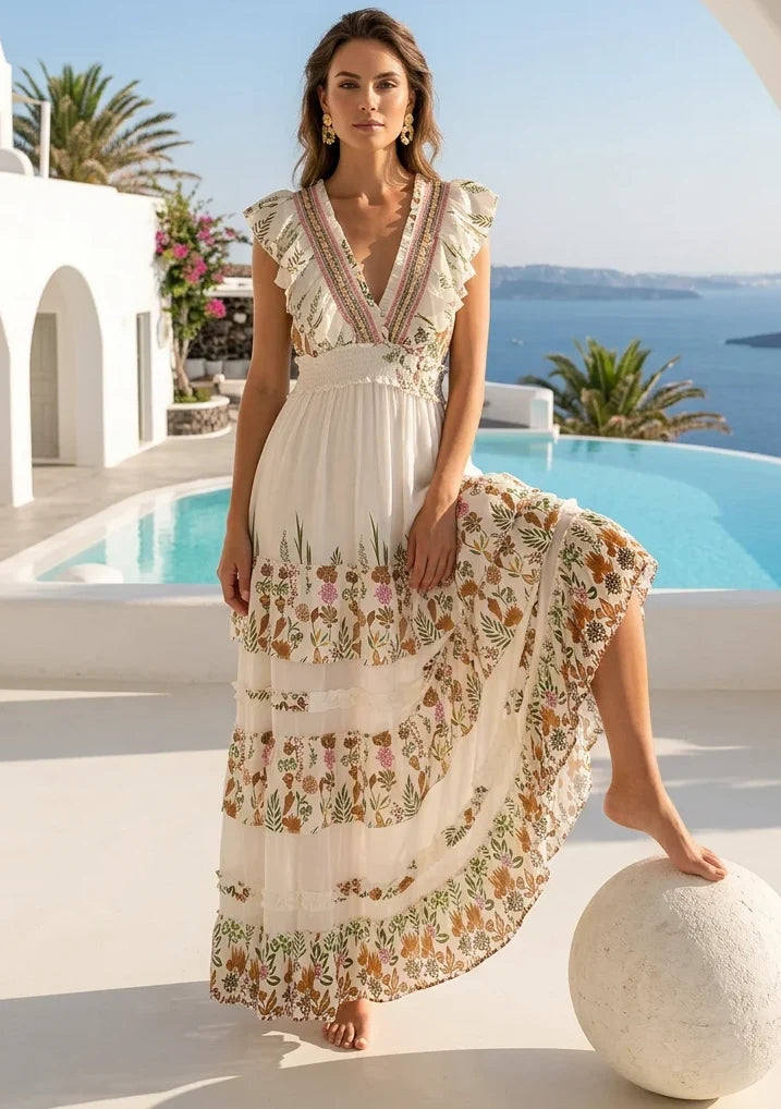 Vestido Largo de Algodón Bordado a Mano para Mujer con Cuello en V - Aina